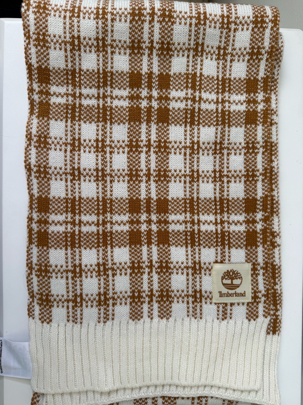 Timberland Cream and Brown Plaid Knit Scarf